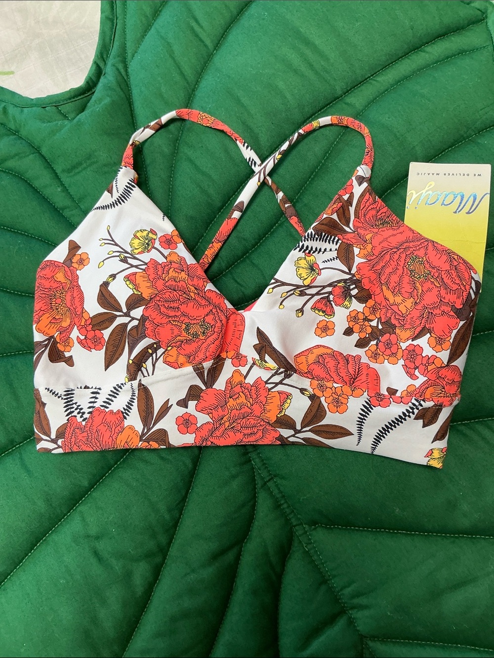 Maaji Swim reversible bikini top, brown/orange floral tropical print, size M.